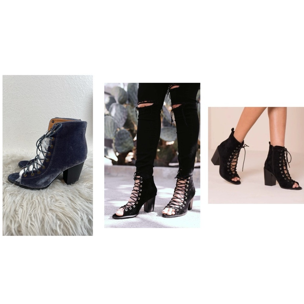 YOKI Brie Lace Up Stacked Heel Peep Toe Gray/Blue Ankle Booties Boots Sz 8.5 NEW